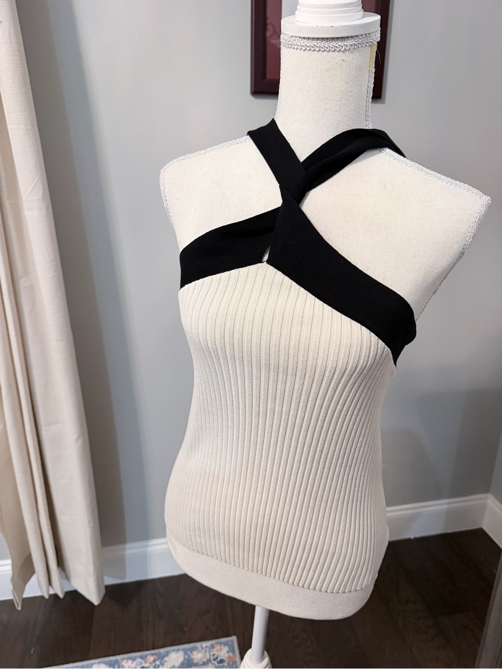 Ann Taylor Factory Ribbed Cream Tank with Black Cross-Over Straps